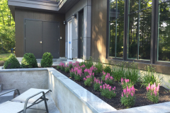 We installed under-drainage piping in this built-in planter, then installed masses of Speedwell and Allium.