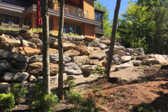Below the boulder retaining wall, masses of Myrica shrubs help to prevent erosion.